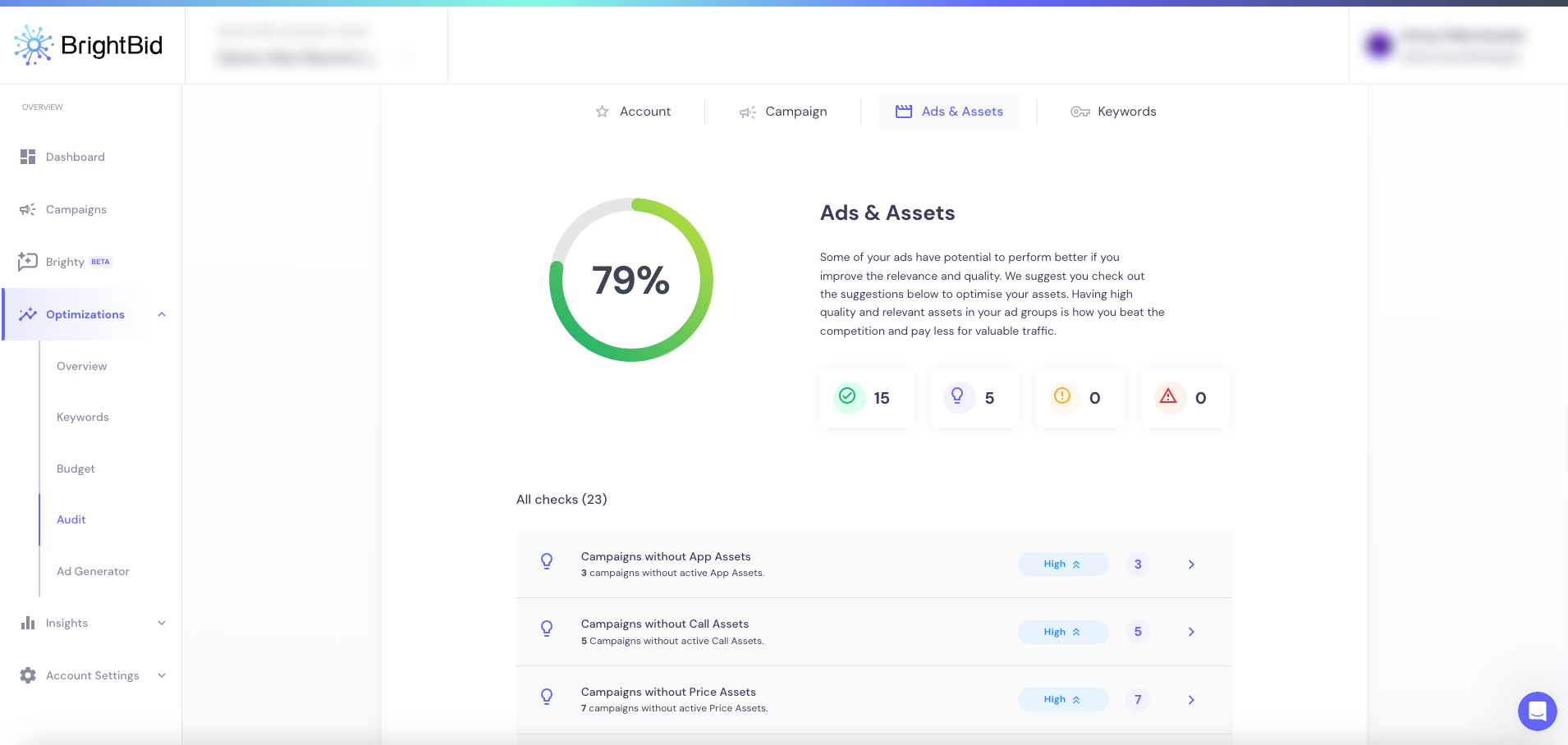 BrightBid Ad Audit Tool Ads and Assets Score