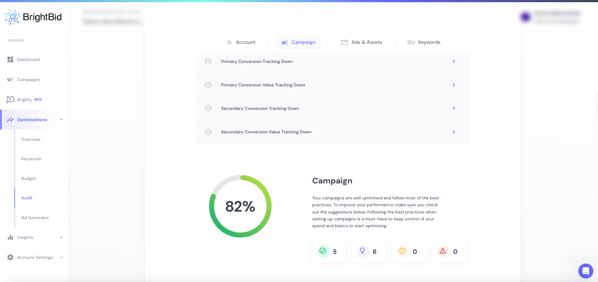 BrightBid Ad Audit Tool Campaign Score