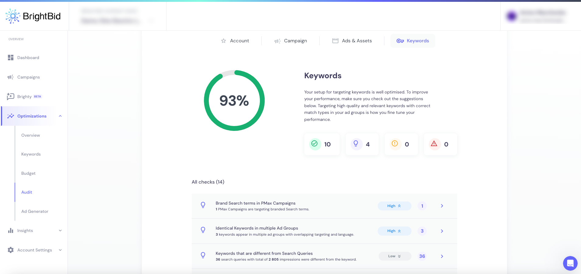 BrightBid Ad Audit Tool Keywords Score