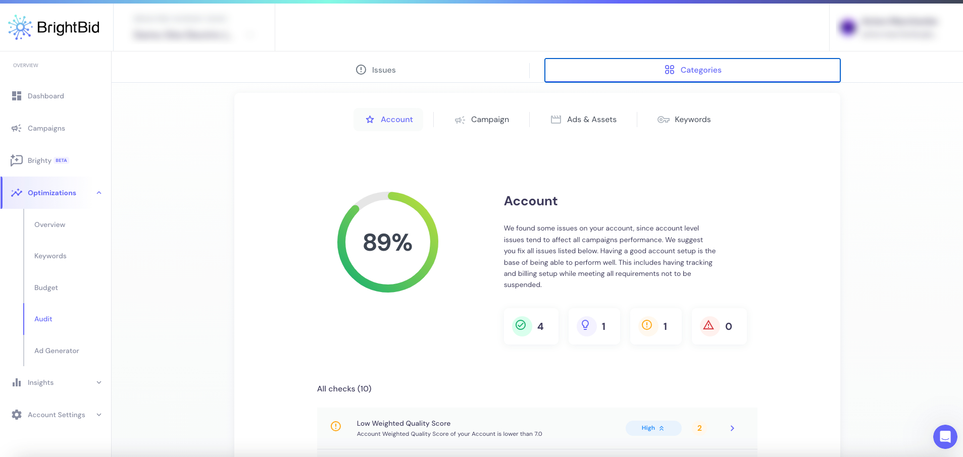 BrightBid Audit Tool Ad Account Score